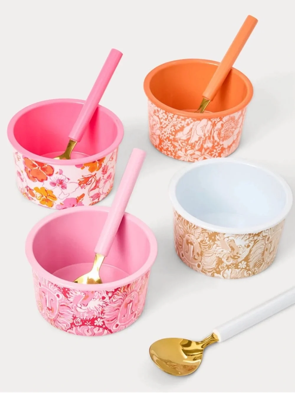 Lilly Pulitzer Pink, Orange & Gold Floral Dessert Cups with Spoons and Scoop